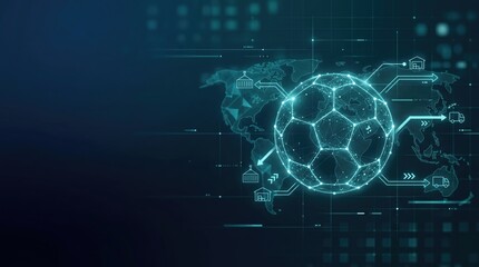 Fototapeta premium Global Soccer Logistics Supply Chain Concept with Digital Glowing Football and World Map Network for International Sports Merchandise Distribution and Shipping