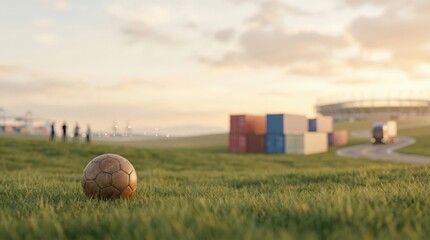 Soccer ball on green grass field near shipping containers and logistics terminal at sunset, concept of global sports supply chain and international tournament transportation