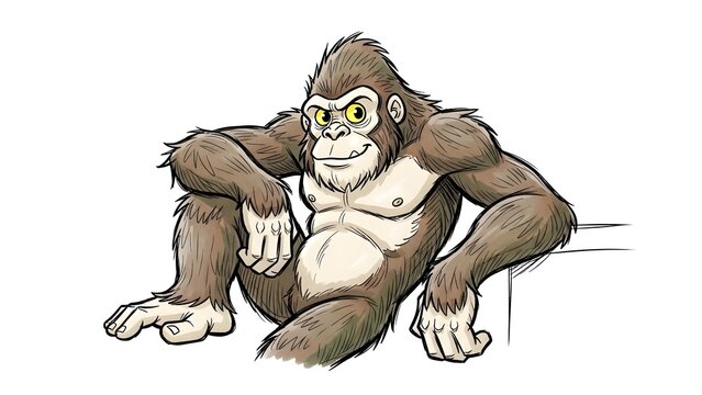 Gorilla sits in a relaxed pose with one hand resting on a ledge while maintaining a confident and calm expression.