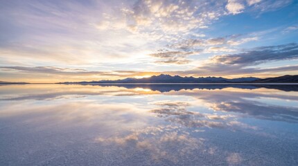 Fototapeta premium Serene salt flat mirror landscape reflects dramatic sunset sky and distant mountains