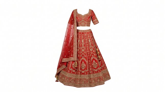 Traditional red lehenga choli with gold embroidery, elegant Indian bridal wedding dress, luxury ethnic wear for festive celebrations and ceremonies