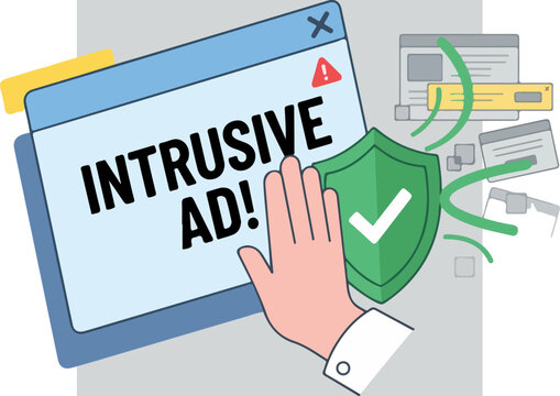 Hand blocking an intrusive popup advertisement with a security shield icon representing ad blocker software and internet safety.