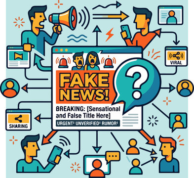 Vector Illustration Representing the Spread of Fake News and Misinformation on Social Media and the Internet.