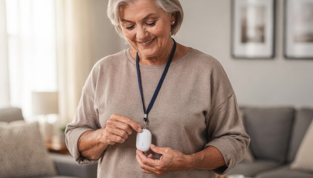 Medium shot of a user testing a fall detector pendant with the wearer in sharp focus against a softly blurred home environment.