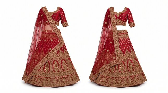 Traditional red lehenga choli with gold embroidery, elegant bridal ethnic wear for weddings, luxury Indian festive attire on white background