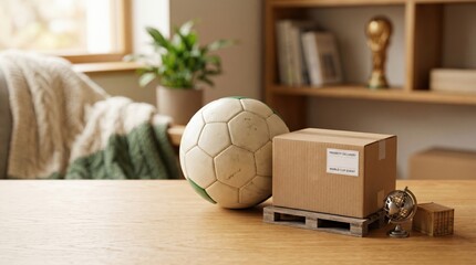 Soccer ball and cardboard delivery box on wooden table representing global sports logistics and international tournament shipping concept