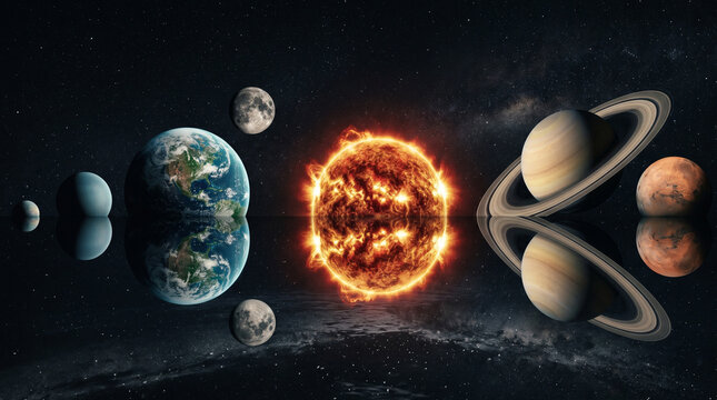 Astronautas, Lua, Terra, Saturno, Marte, Sol, Sistema Solar - Arte digital 4K para uso comercial