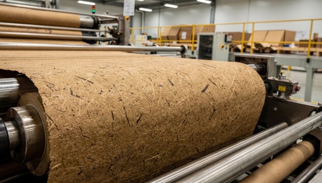 Medium shot of kraft brown paper production line creating ecofriendly packaging showcasing rugged texture and fibrous organic materials in a clean modern factory environment.