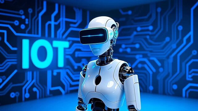White robot wearing vr headset