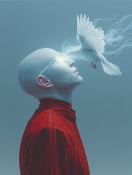 Surreal Portrait of a Bald Figure in a Vibrant Red Shirt Met by Ethereal White Bird Against a Dreamlike Blue Backdropsurreal