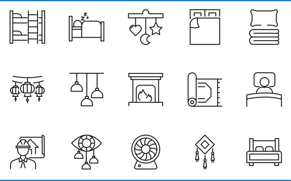 Bedroom related line icons set. Vector editable stroke.