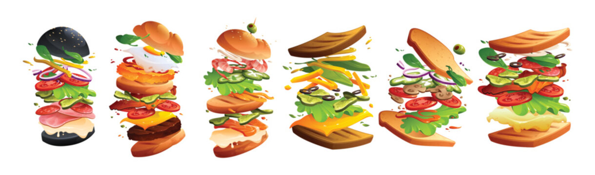 Deconstructed Sandwich Layers: A vibrant and artistic illustration showcases the individual components of several delicious sandwiches, artfully arranged in a deconstructed style.
