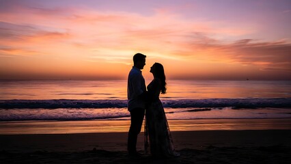 Fototapeta premium Romantic Couple Silhouette at Sunset Beach.