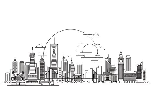 Stylized Line Art City Skyline Illustration with Sun.