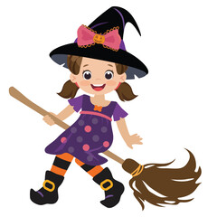 Obraz premium Cute little witch flying on a magical broomstick. Whimsical hand-drawn vector character for kids Halloween design, lineless flat illustration