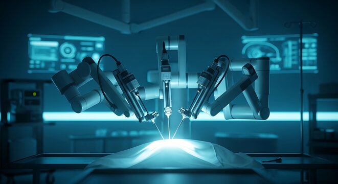 Futuristic robotic surgery technology concept with advanced medical automation and AI healthcare innovation
