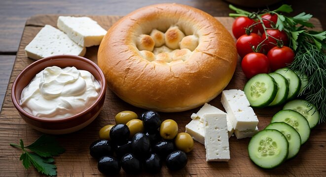 Traditional Middle Eastern Breakfast with Flatbread Cheese and Olives
