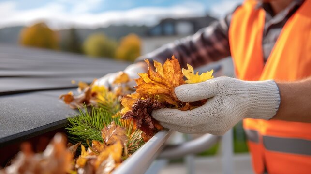 Person Cleaning Gutter with Autumn Leaves in Residential Area on a Bright Sunny Day