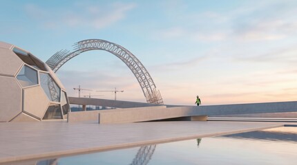Fototapeta premium Futuristic architectural construction site with geodesic dome and steel arch at sunset featuring a male engineer walking on a concrete ramp for urban development concepts
