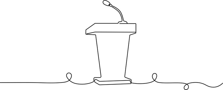 Continuous line drawing, minimalist podium, microphone vector, simple public speaking icon