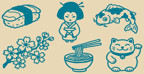 Collection of Japanese cultural icons in a simple line drawing style. © Riki