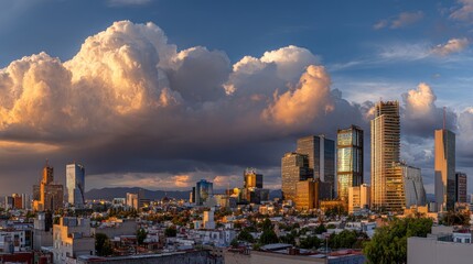 Fototapeta premium Stunning Sunset Over Urban City Skyline with Dramatic Clouds in the Background
