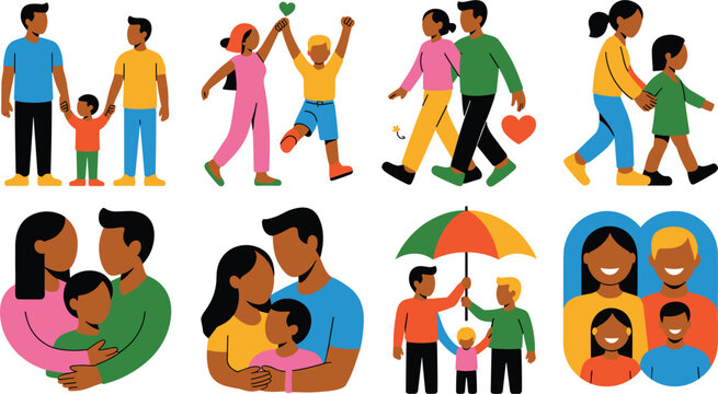 Set of Family and People Vector Illustrations Including Parents, Children, Couples, Walking, Hugging, Holding Hands, Umbrella, and Group Portraits on White BackgroundSet of Family and People Vector Il