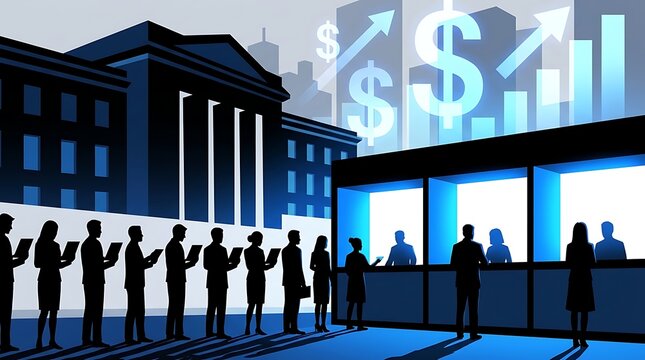 Silhouette of people standing in a queue at a bank counter, waiting for financial services, business concept with growing dollar signs and bar charts in the background