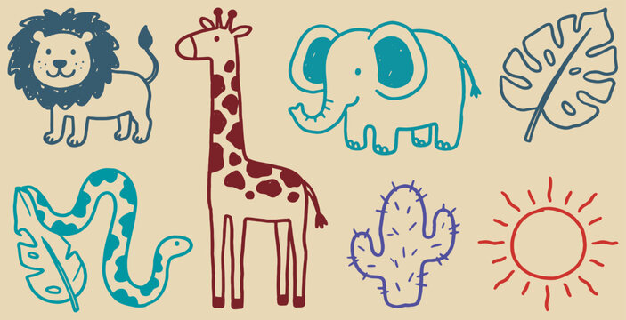Cute animal and plant doodles in a flat design style for children's illustrations.