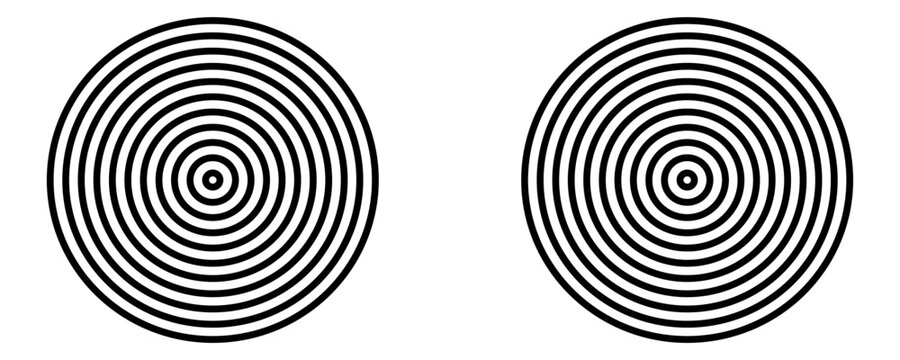 Black concentric circle set. Sonar or sound wave ring collection. Dotted and linear epicentre, target, radar icon concept. Ripple radial signal or vibration elements.