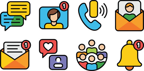 Fototapeta premium Set of Messaging and Notification Vector Icons Including Chat Bubbles, Video Call, Phone, Email, Heart, Group, and Alert Bell Illustrations on White Background