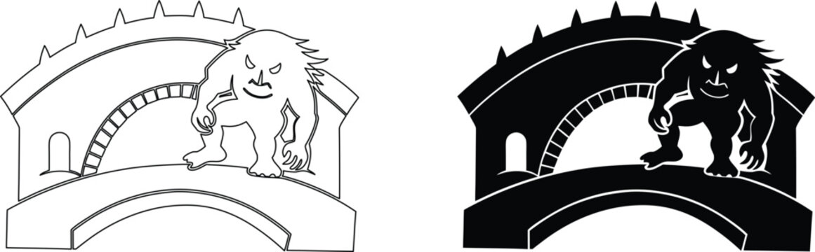 Scary troll standing on stone bridge silhouette graphic for fantasy adventure concept art.
