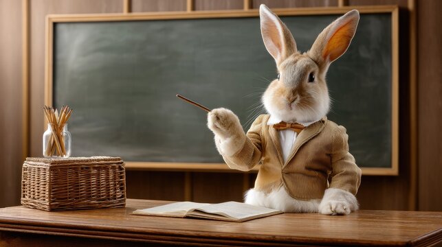 Educated Rabbit in Classroom Setting with Blackboard and Teaching Materials