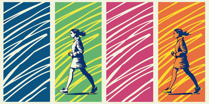 woman walking illustration in four colorful panels