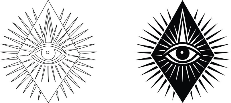 All seeing eye inside diamond shape with light rays in black and white vector art style.