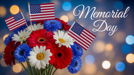 Obraz premium A patriotic Memorial Day greeting card features a bouquet of flowers with American flags on a blurred background