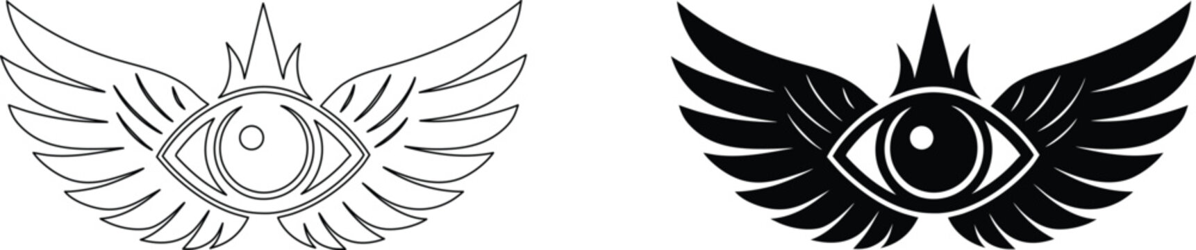 All seeing eye with wings silhouette and line art symbol for mystical and occult designs.