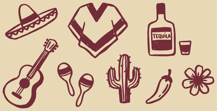 Hand drawn vector illustration of traditional Mexican symbols and icons.