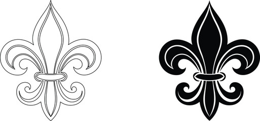 Black and white fleur de lis vector art illustration with outline drawing of a classic symbol. © Sukumar