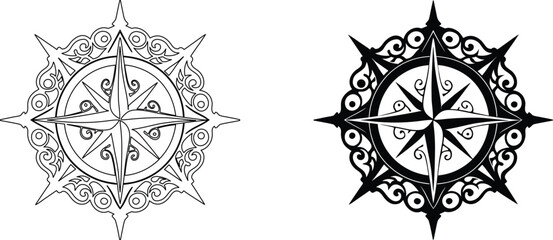 Black and white ornamental wind rose or compass rose vector art illustration with outline. © Sukumar