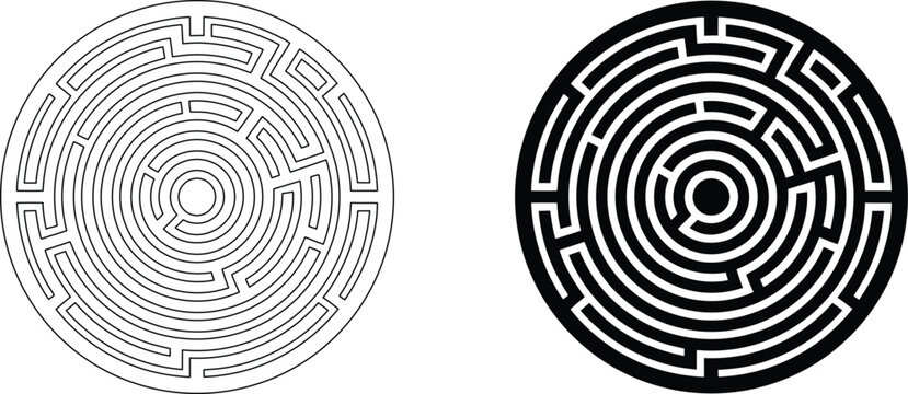 Black and white classical labyrinth vector art illustration circular maze design pattern outline.