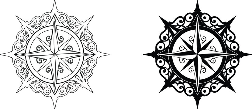 Black and white ornamental wind rose or compass rose vector art illustration with outline.
