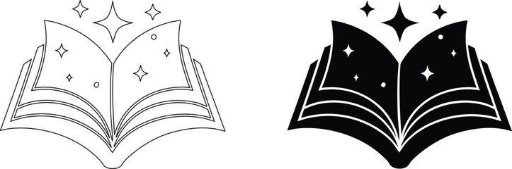 Black and white vector illustration of opened magic book with sparkles and stars. © Sukumar
