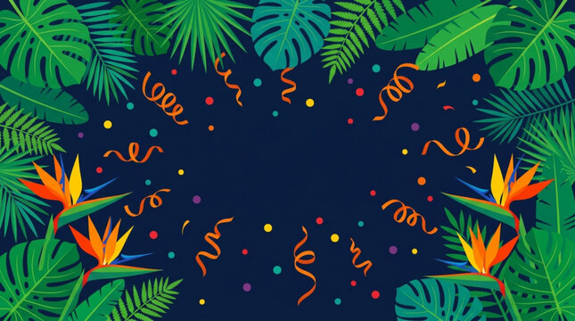 First Day of Caribbean-American Heritage Month Vibrant Tropical Celebration Background with Exotic Bird of Paradise Flowers and Lush Green Foliage Framing Festive Confetti and Streamers