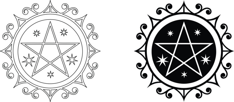 Black pentagram with stars and swirl ornate frame isolated on transparent background.