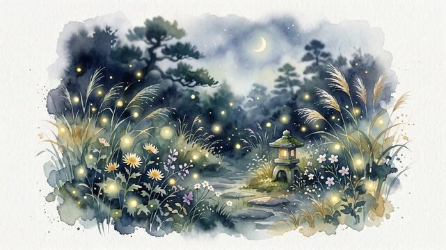 白背景水彩蛍夏夜アニメーション