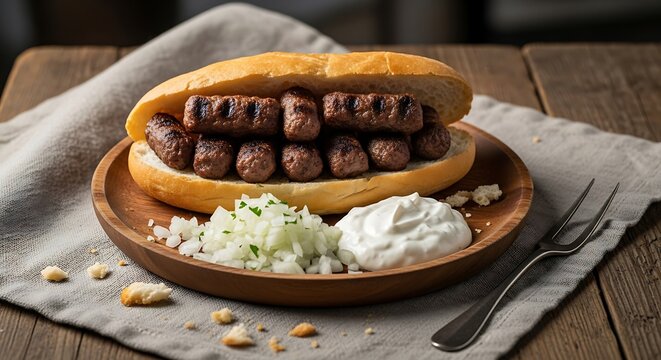 Traditional Balkan Cevapi in Lepinja Bread with Onions and Kajmak