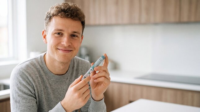 Portrait of a smiling young man holding an insulin pen or medical injection device in a bright, modern kitchen, representing diabetes management or weight loss treatment