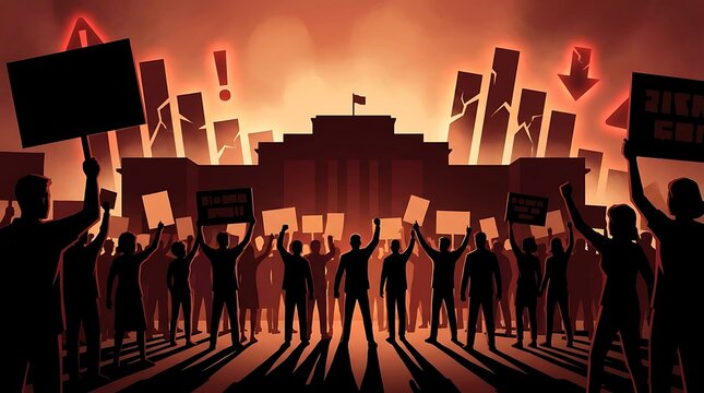 Silhouette of a crowd of protesters holding signs in front of a government building with a background of crumbling financial charts and warning symbols