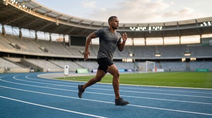 Fototapeta premium Fit young Black male athlete sprinting on blue running track in large stadium, professional runner training for competition, concept of endurance and determination